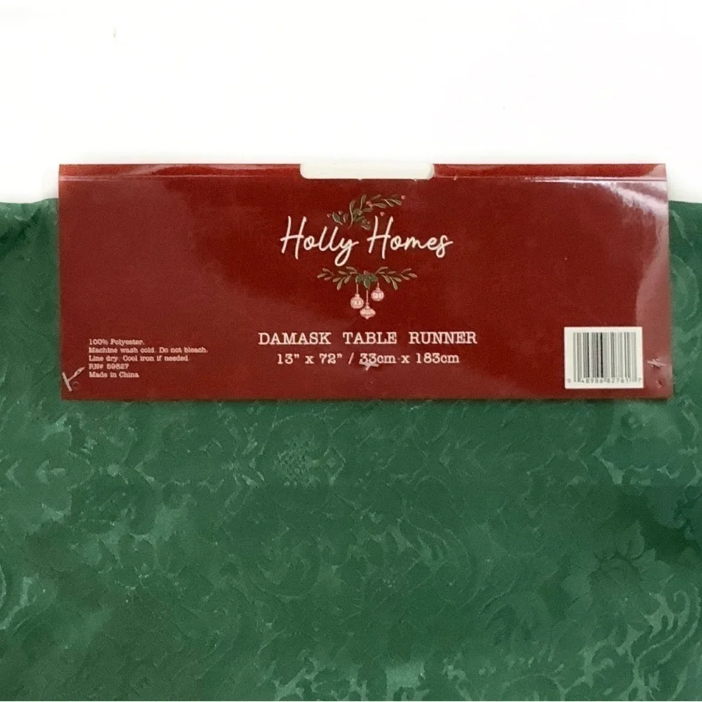 Holly Homes Table Runner Silky Holiday Christmas Green Damask 13 in x 72 in